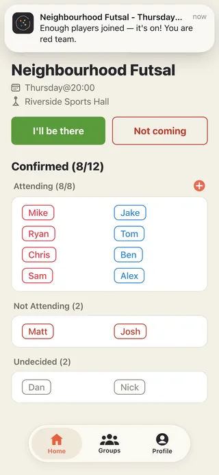 An event roster split into two teams