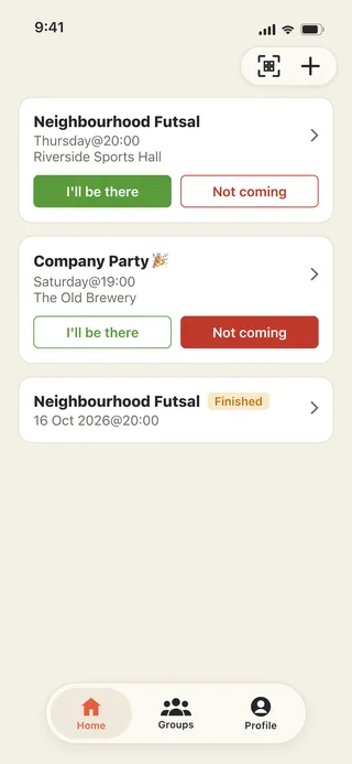 The Home feed with RSVP buttons