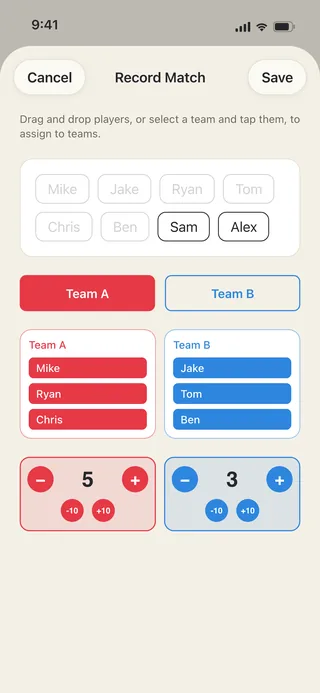 Recording a match: teams and score